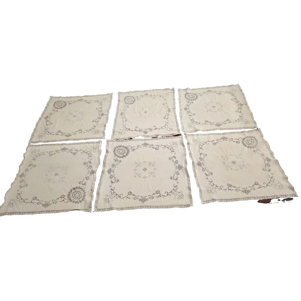 Vintage Cotton Cutwork Napkins Lace Floral Pattern Set of 6 - 14